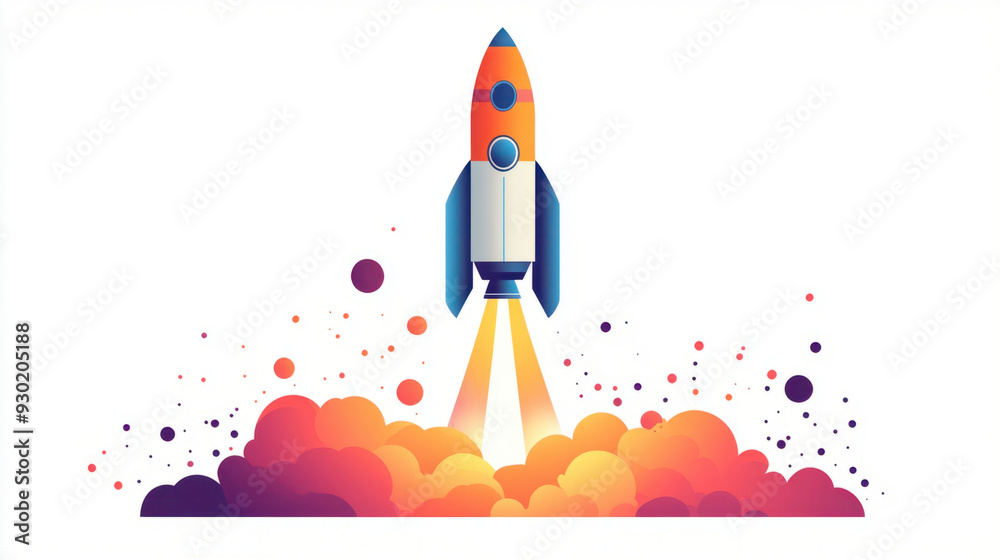 Rocket icon, 2D minimalist illustration of a rocket in a vertical launch position, showcased in vibrant colors against a white canvas. The rocket's details emphasize simplicity Rocket icon, 2D minimalist illustration of a rocket in a vertical launch position, showcased in vibrant colors against a white canvas. The rocket's details emphasize simplicity