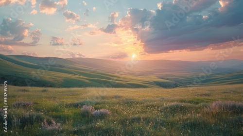 Rolling hills and dramatic clouds at dusk (focus on, serene natural beauty, dynamic, Overlay, Valley)