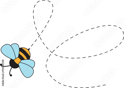 Cartoon Bee Flying on a Dotted Route. 