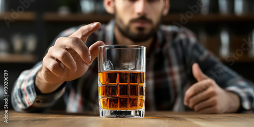 Alcoholism, man refuse hand gesture from offered glass, push out alcoholic beverage glass, Treatment of alcohol addiction photo