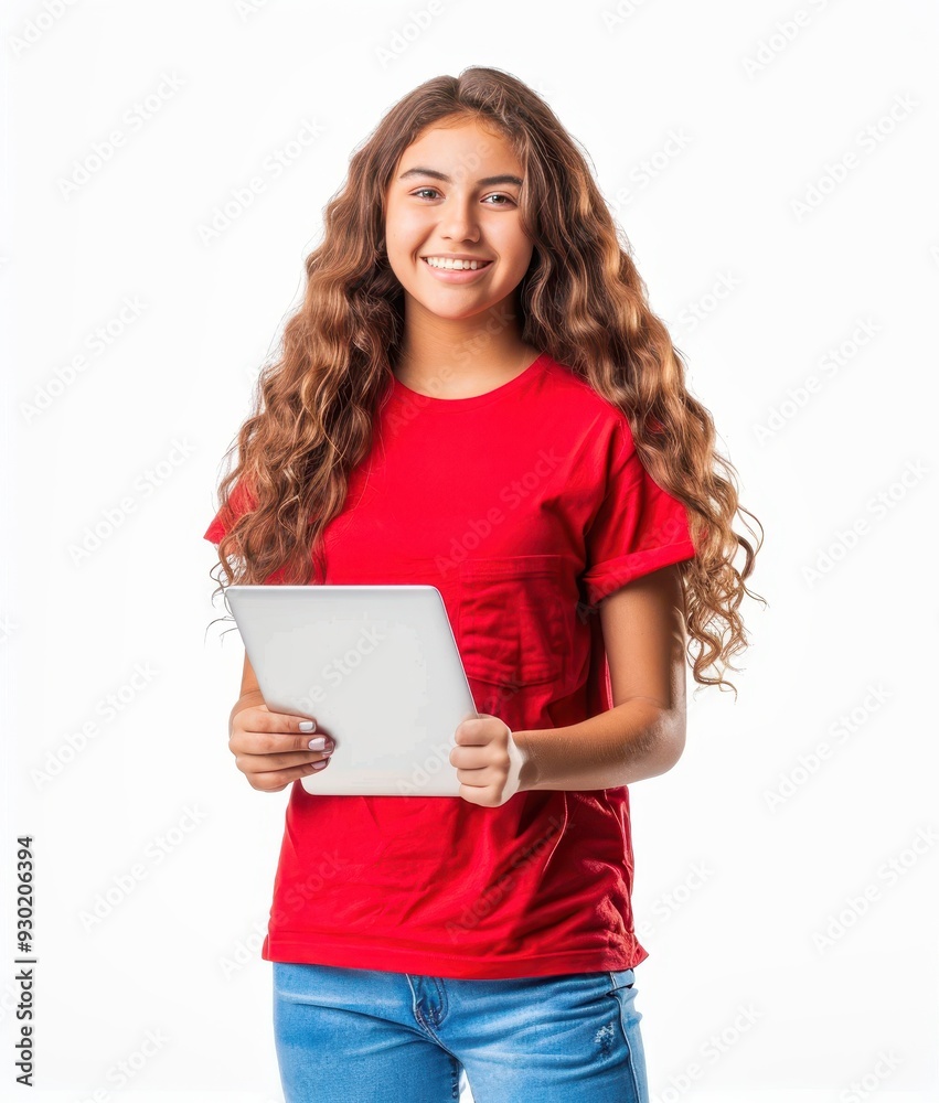 Smiling girl in a red shirt holds a tablet, standing against a bright white backdrop