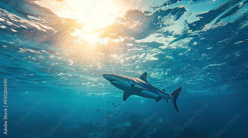 Shark moving effortlessly in the vast ocean (focus on, underwater elegance, dynamic, Overlay, Open water) Shark moving effortlessly in the vast ocean (focus on, underwater elegance, dynamic, Overlay, Open water)