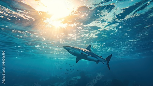 Wallpaper Mural Shark moving effortlessly in the vast ocean (focus on, underwater elegance, dynamic, Overlay, Open water) Torontodigital.ca
