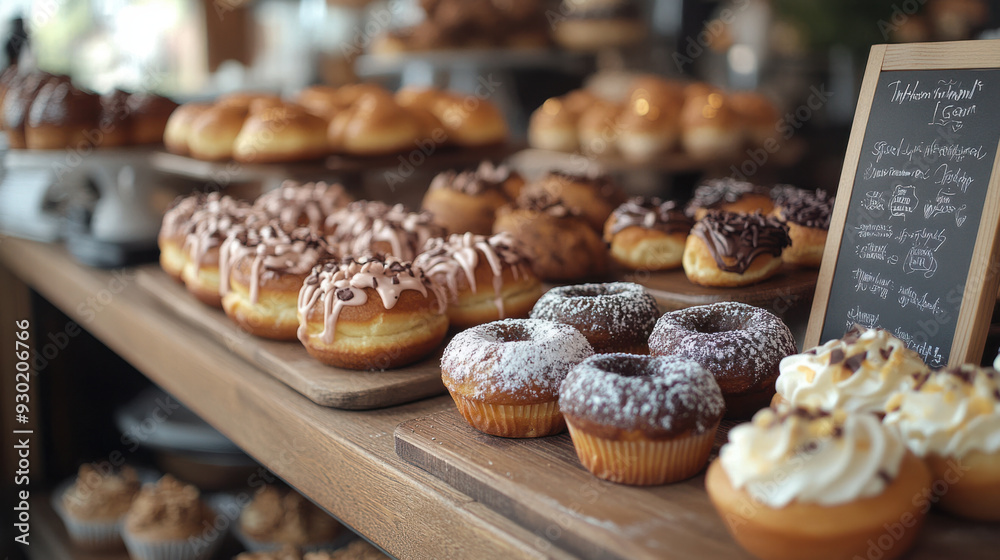 bakery item display,  A delightful bakery item display featuring an eye-catching assortment of donuts and muffins. The cozy environment of a quaint bakery is filled with customer