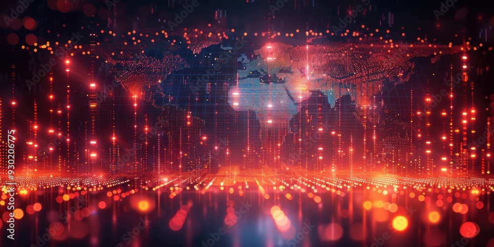 Fototapeta premium Global Network with Red Glowing Lights