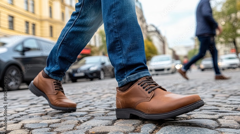 An adult man walks down a cobblestone path, wearing blue jeans and brown leather boots, surrounded by parked cars and autumn foliage An adult man walks down a cobblestone path, wearing blue jeans and brown leather boots, surrounded by parked cars and autumn foliage