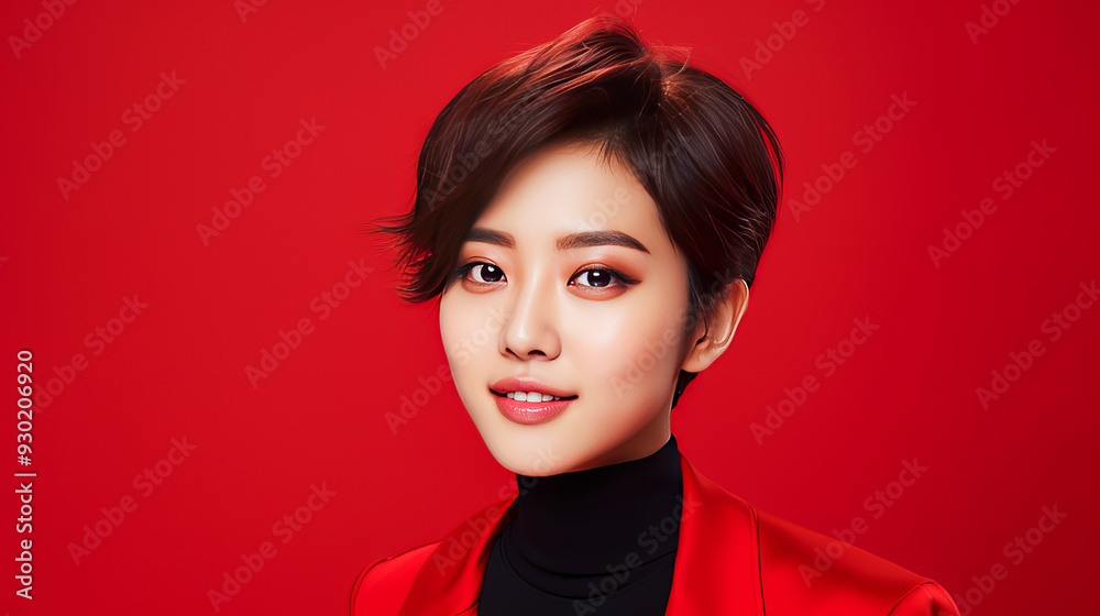 Portrait of a beautiful, sexy, smiling Asian woman with short hair, with perfect skin, red background, banner. Portrait of a beautiful, sexy, smiling Asian woman with short hair, with perfect skin, red background, banner.