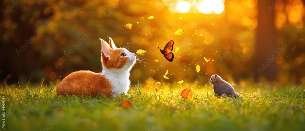 Fototapeta premium A cat and a bird encounter a butterfly in a sunlit meadow, surrounded by falling leaves in a peaceful autumn scene.