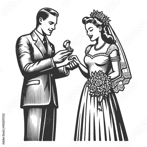 bride and groom exchanging rings, capturing a classic and romantic wedding moment sketch engraving generative ai fictional character vector illustration. Scratch board imitation. Black and white image