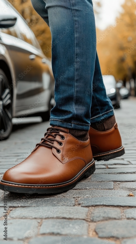 An adult man walks down a cobblestone path, wearing blue jeans and brown leather boots, surrounded by parked cars and autumn foliage An adult man walks down a cobblestone path, wearing blue jeans and brown leather boots, surrounded by parked cars and autumn foliage