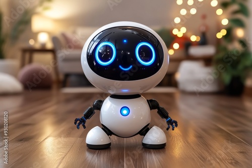 Cute round mini robot with bright blue eyes representing the playful and approachable side of AI driven technology in home environments