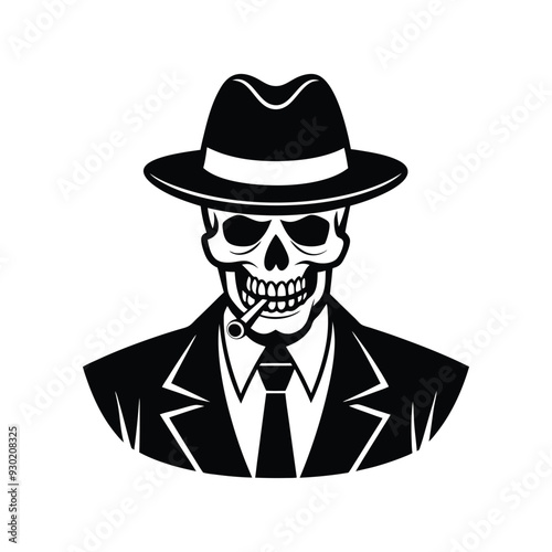Mafia gangster skull with cigar and wearing a hat 
