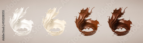 Milk and chocolate splashes. Milkshake and melted choco. Realistic vector illustration