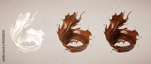 Milk and chocolate splashes. Milkshake and melted brown choco. Realistic vector illustration