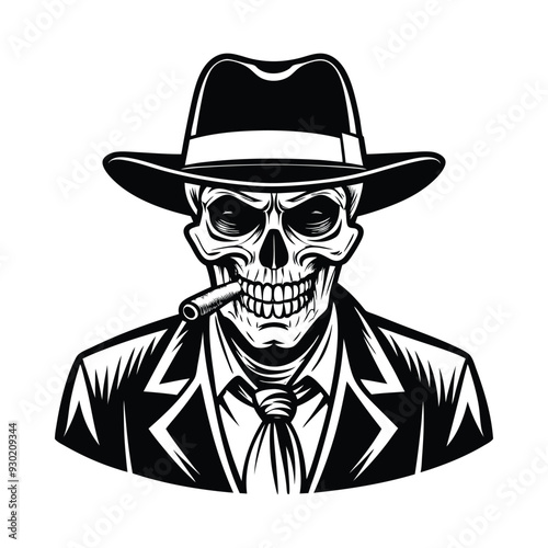 Mafia gangster skull with cigar and wearing a hat 
