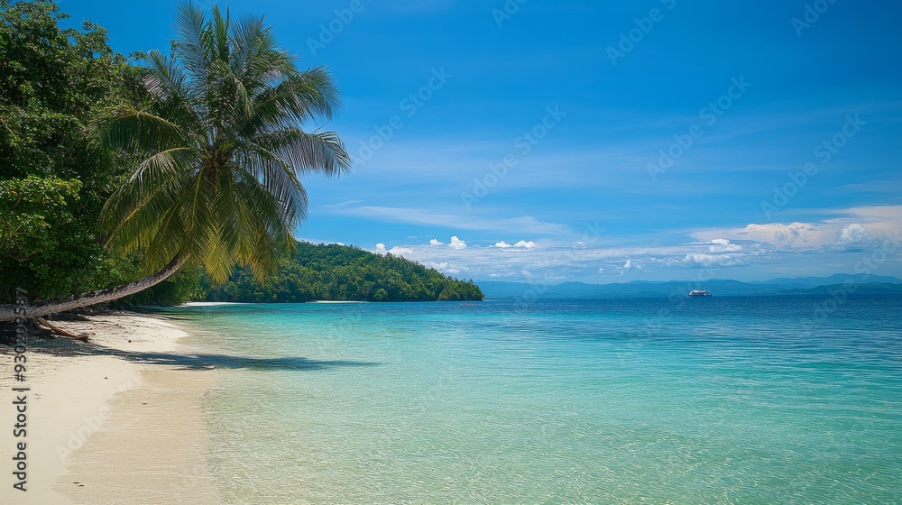 Fototapeta premium Idyllic Tropical Beach with Lush Palm tree and Crystal Clear Water philippines, south east asia landscape 