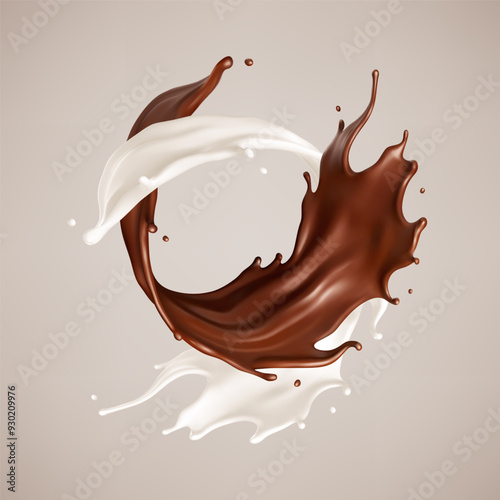 Milk and chocolate splash. Melted brown choco and milky waves with drops. Realistic vector illustration