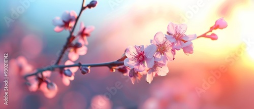  A pink flower in tight focus on a branch, sun shining behind