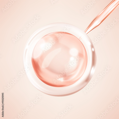 Cosmetic essence with pipette. Cosmetic liquid oil drop. Collagen serum or essence drop. Concept skincare cosmetics solution. Vector 3d illustration