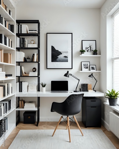 Modern minimalist home office with white walls, black accents, and a black desk chair.