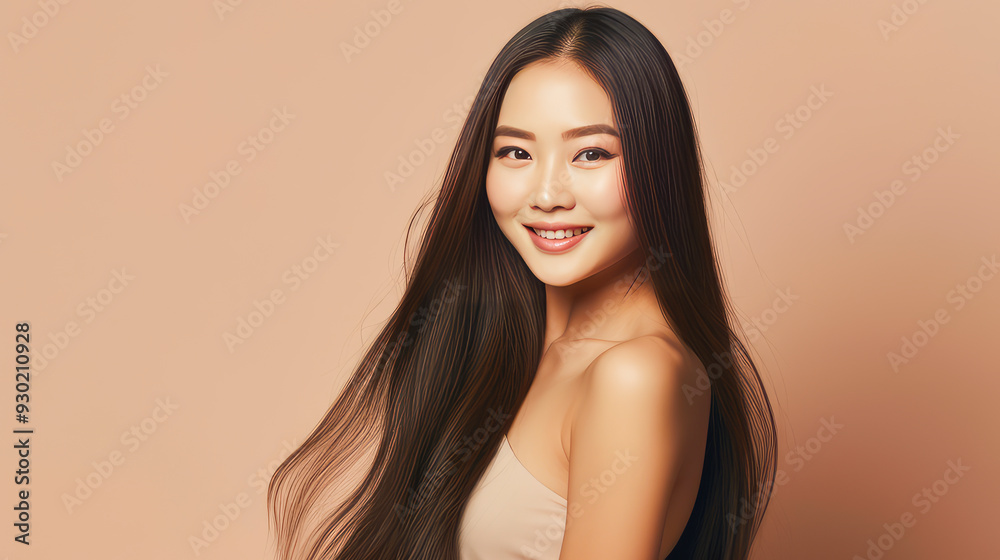 Portrait of a beautiful, sexy, happy smiling Asian woman with long hair, with perfect skin, creamy beige background, banner. Portrait of a beautiful, sexy, happy smiling Asian woman with long hair, with perfect skin, creamy beige background, banner.
