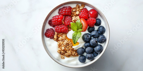 Healthy breakfast bowl with yogurt, granola, fresh berries, and a drizzle of honey, arranged beautifully on a white marble countertop.