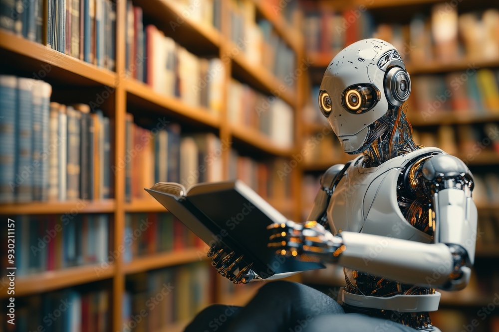 Humanoid robot reading a book in a library symbolizing the intersection of AI and knowledge in educational settings Humanoid robot reading a book in a library symbolizing the intersection of AI and knowledge in educational settings