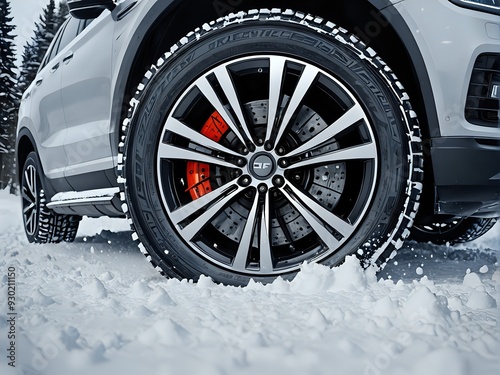 Close-up of a car tire with red brake calipers in the snow.