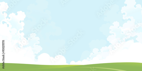 Sky,Cloudy Background,Spring Landscape with green field,Blue Sky for Easter Background,Horizon Summer Sky,Peaceful rural nature sunny day in,Vector illustration Cartoon  flat design with copy space