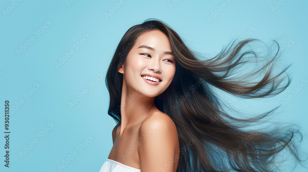 Portrait of a beautiful, sexy, happy smiling Asian woman with long hair, with perfect skin, light blue background, banner. Portrait of a beautiful, sexy, happy smiling Asian woman with long hair, with perfect skin, light blue background, banner.