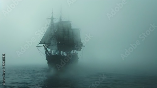 Ghostly Vessel Sailing Through Misty Seascape Evoking Legends and the Supernatural