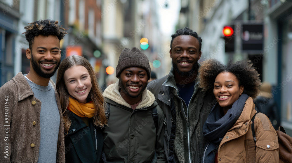 a group of smiling friends of different nationalities on a city street, teenagers, people, cheerful company, guys, girls, African Americans, Europeans, exchange students, men, women, portrait, emotion a group of smiling friends of different nationalities on a city street, teenagers, people, cheerful company, guys, girls, African Americans, Europeans, exchange students, men, women, portrait, emotion