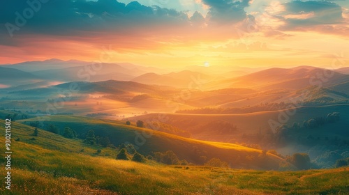 Sunset illuminating the landscape with soft light (copy space, picturesque view, vibrant, Blend mode, Green field)