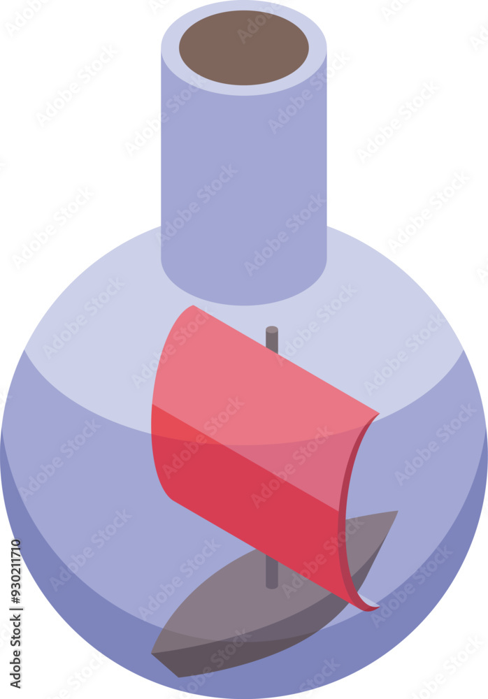 Small ship sailing in a bottle with red sails isometric icon, perfect for web and print designs relating to travel, history, and souvenirs