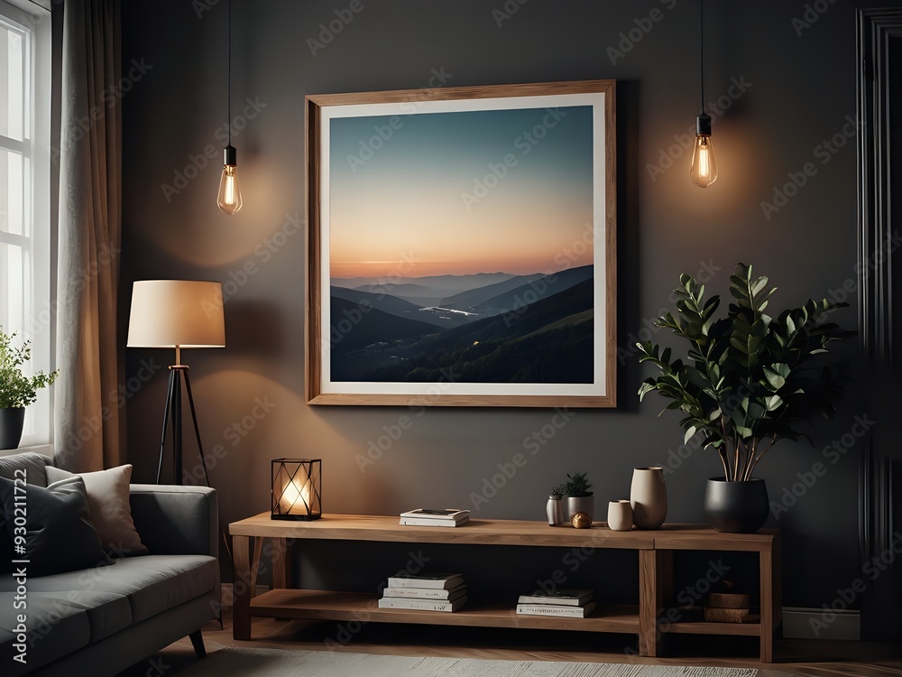Fototapeta premium Cozy living room with a framed mountain landscape, a couch, and a wooden coffee table.
