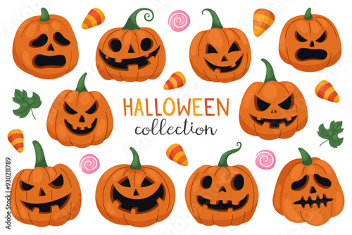 Vector set of different halloween pumpkins and candies. Jack-o-lanterns. Stickers, characters, emotions. Spooky, mystical pumpkins.