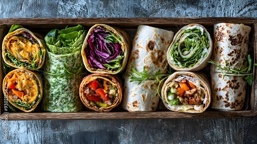 A variety of whole grain wraps with fresh fillings in a lunchbox, earthy tones, soft daylight, contemporary style, intricate details, nutritious and satisfying feel, uplifting mood photo