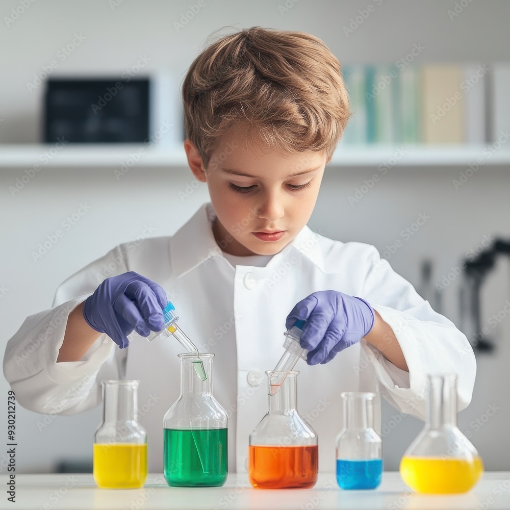 A young boy in a lab coat conducts a science experiment, mixing colorful liquids in beakers. A young boy in a lab coat conducts a science experiment, mixing colorful liquids in beakers.