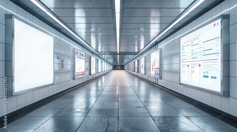 Unlit billboards in a quiet subway station (copy space, marketing opportunity, dynamic, Double exposure, Station corridor) Unlit billboards in a quiet subway station (copy space, marketing opportunity, dynamic, Double exposure, Station corridor)