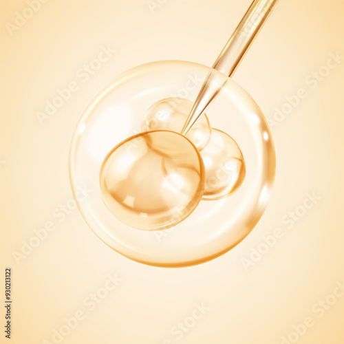 Cosmetic essence with pipette. Cosmetic liquid oil drop. Collagen serum or essence drop. Concept skincare cosmetics solution. Vector 3d illustration