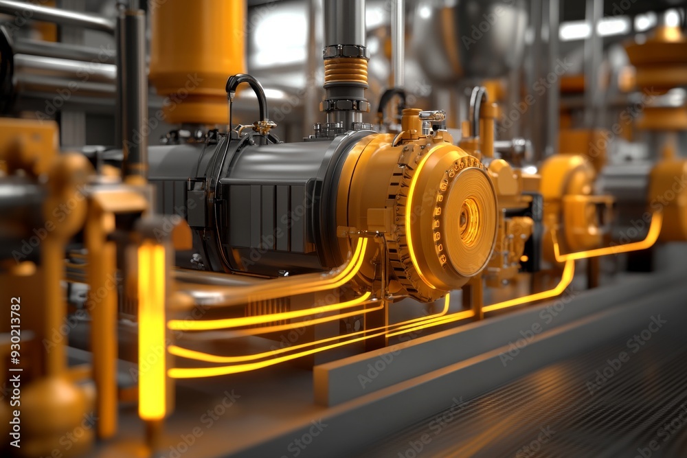 Industrial machinery with glowing orange lights showcasing the advanced technology and automation in modern manufacturing Industrial machinery with glowing orange lights showcasing the advanced technology and automation in modern manufacturing