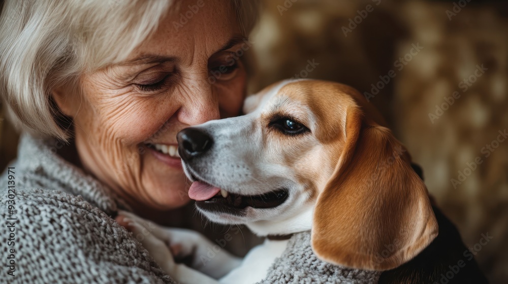 Happy Senior Woman With Wrinkles Caring for Beagle Dog at Home - Loving Connection and Joy Happy Senior Woman With Wrinkles Caring for Beagle Dog at Home - Loving Connection and Joy