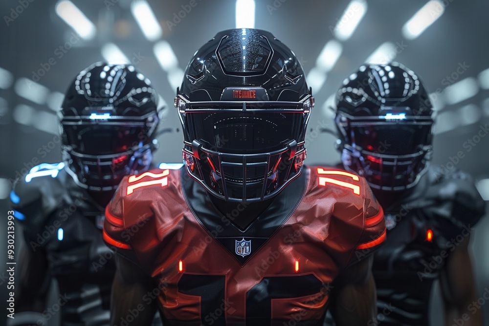 A group of American football players in futuristic uniforms stands together in an illuminated stadium tunnel.
