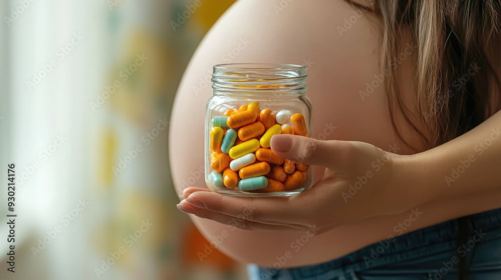 Obraz premium a pregnant woman holds in her hands a jar of vitamins for pregnancy against the background of her belly, medicine, pills, tablets, treatment, folic acid, gestation, bearing a child, girl, hormones
