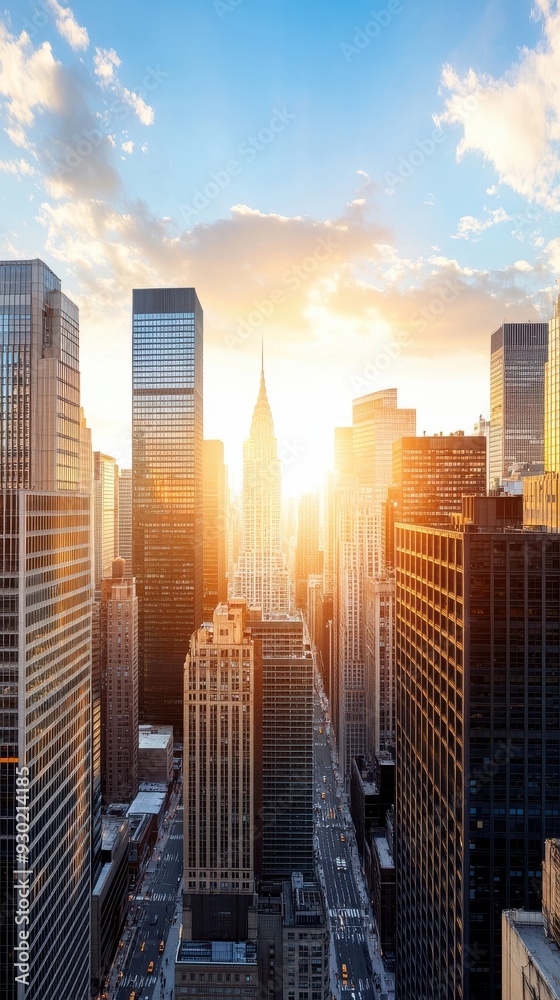 An epic establishing shot of towering skyscrapers in a bustling city skyline, with the sun setting behind the buildings An epic establishing shot of towering skyscrapers in a bustling city skyline, with the sun setting behind the buildings
