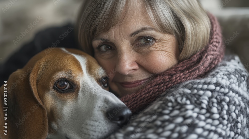 Loving Bond Between Retired Senior Woman and Beagle Dog at Home Loving Bond Between Retired Senior Woman and Beagle Dog at Home
