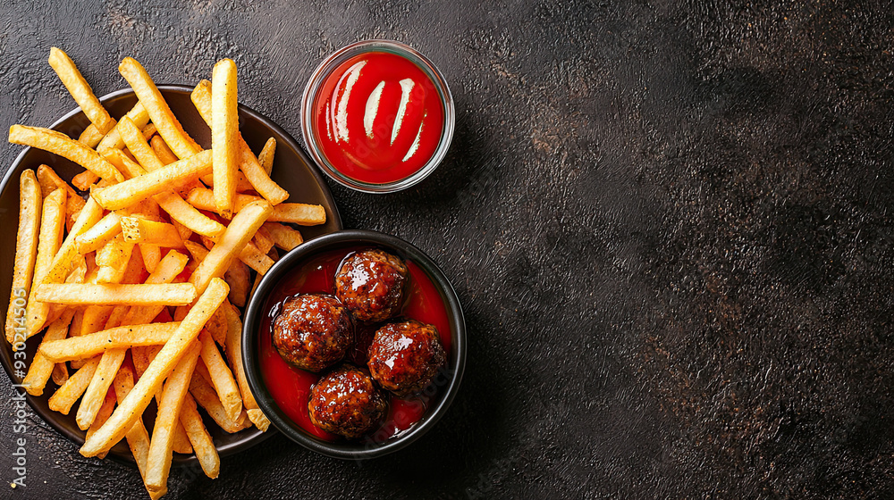 Beef Meatballs and French Fries - Fast Food Meal, Takeaway Dish, Crispy ...