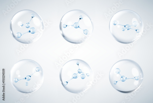 Molecules inside bubbles. Collagen serum bubble. Cosmetic essence drops. Concept skin care cosmetics solution. Vector 3d illustration