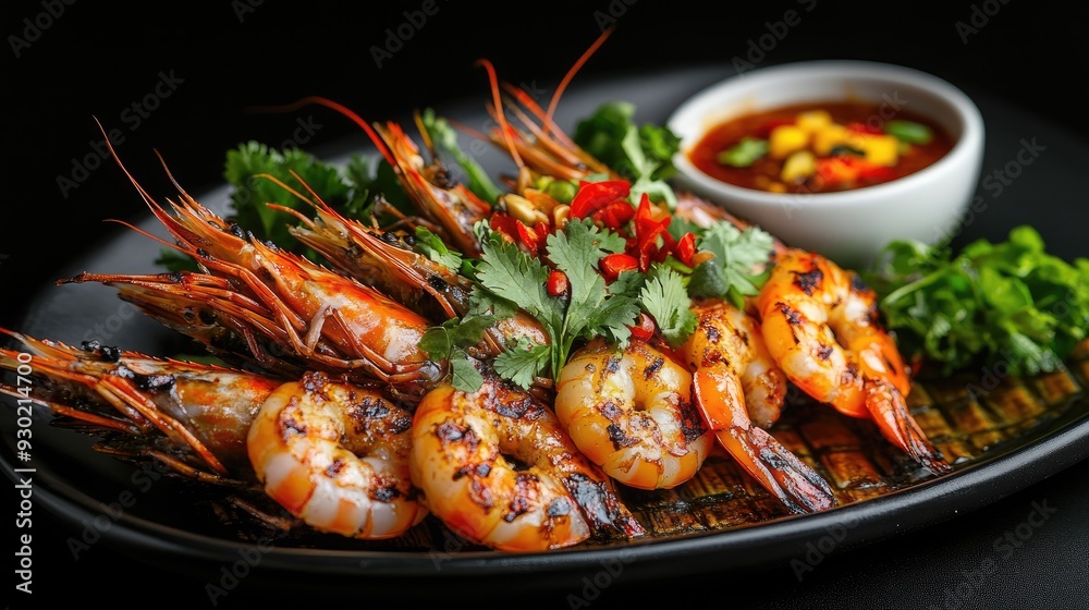 A beautiful display of Thai grilled shrimp, their orange shells glowing under the light, arranged with fresh herbs and a spicy sauce, evoking the flavors of Thai cuisine A beautiful display of Thai grilled shrimp, their orange shells glowing under the light, arranged with fresh herbs and a spicy sauce, evoking the flavors of Thai cuisine