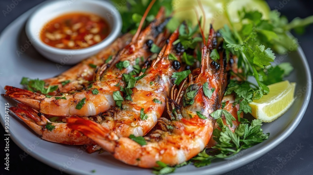 A beautiful display of Thai grilled shrimp, their orange shells glowing under the light, arranged with fresh herbs and a spicy sauce, evoking the flavors of Thai cuisine A beautiful display of Thai grilled shrimp, their orange shells glowing under the light, arranged with fresh herbs and a spicy sauce, evoking the flavors of Thai cuisine